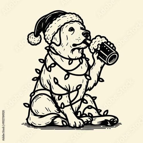  Labrador Retriever Dog wear santa claus hat tangled wrap around with Christmas lights holding a beer mug in christmas party   