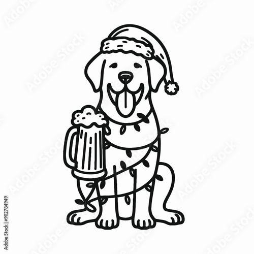  Labrador Retriever Dog wear santa claus hat tangled wrap around with Christmas lights holding a beer mug in christmas party   
