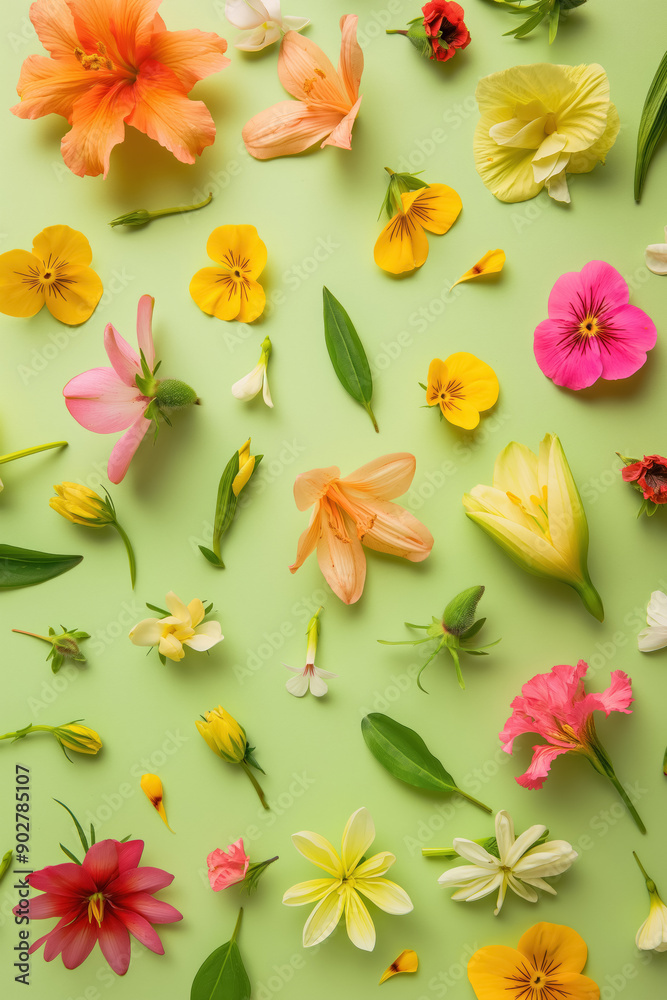 Fototapeta premium whimsical and colorful flower arrangement on light green background