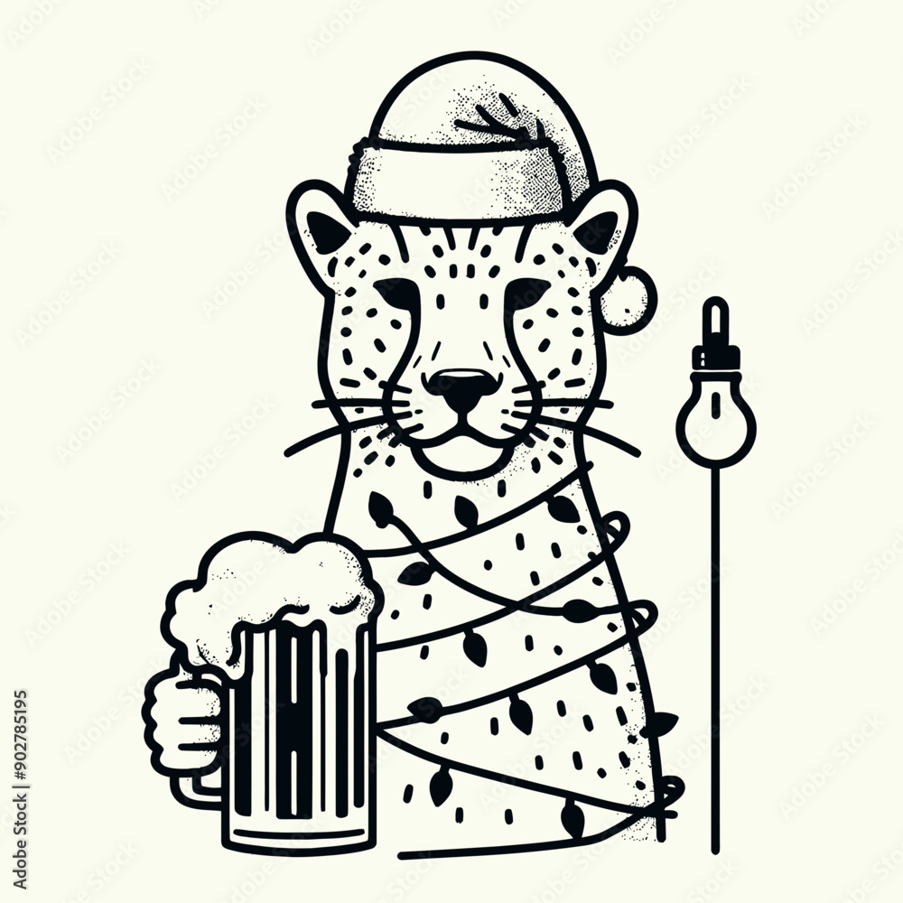 Leopard wear santa claus hat tangled wrap around with Christmas lights holding a beer mug in christmas party Leopard wear santa claus hat tangled wrap around with Christmas lights holding a beer mug in christmas party