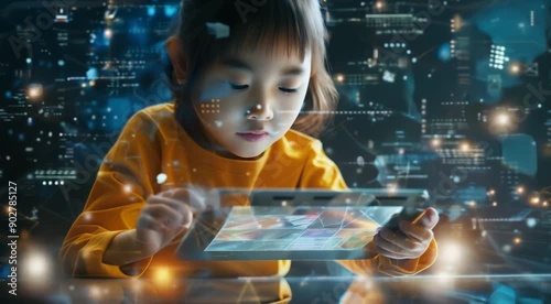 A young child immersed in their tablet while sitting in a dark room, their face illuminated by the screen, blurry lights in the background