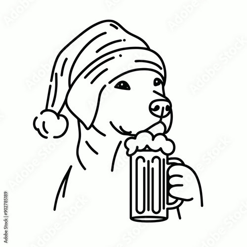  Labrador Retriever Dog wear santa claus hat tangled wrap around with Christmas lights holding a beer mug in christmas party   