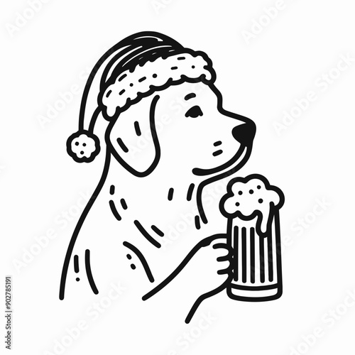  Labrador Retriever Dog wear santa claus hat tangled wrap around with Christmas lights holding a beer mug in christmas party   