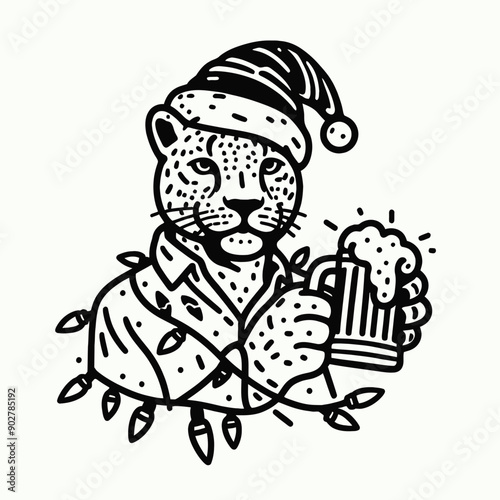  Leopard wear santa claus hat tangled wrap around with Christmas lights holding a beer mug in christmas party   