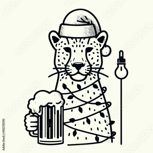  Leopard wear santa claus hat tangled wrap around with Christmas lights holding a beer mug in christmas party   