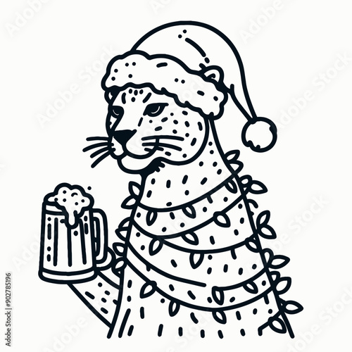  Leopard wear santa claus hat tangled wrap around with Christmas lights holding a beer mug in christmas party   