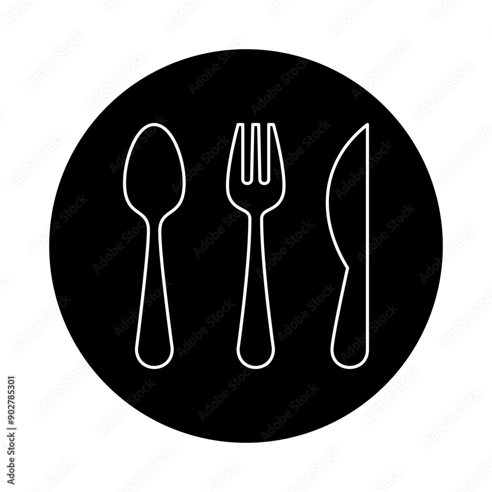 Set of vector icons of utensils for eating, spoon, fork and knife. striped design with black color circle background. Set of vector icons of utensils for eating, spoon, fork and knife. striped design with black color circle background.