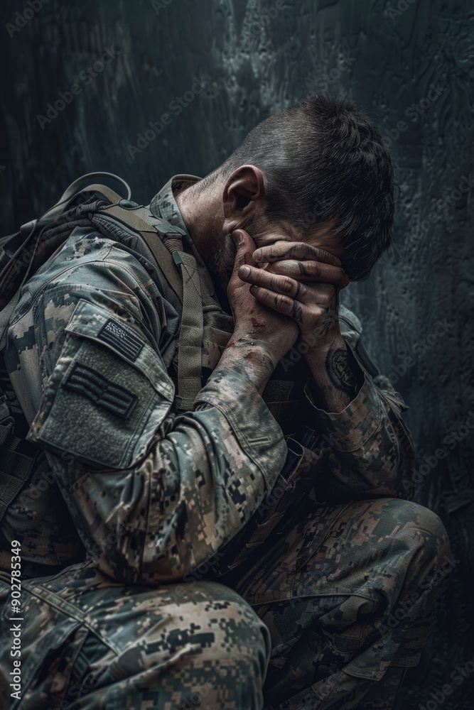 Obraz premium A person wearing camouflage clothing sits on the ground, covering their face with their hands