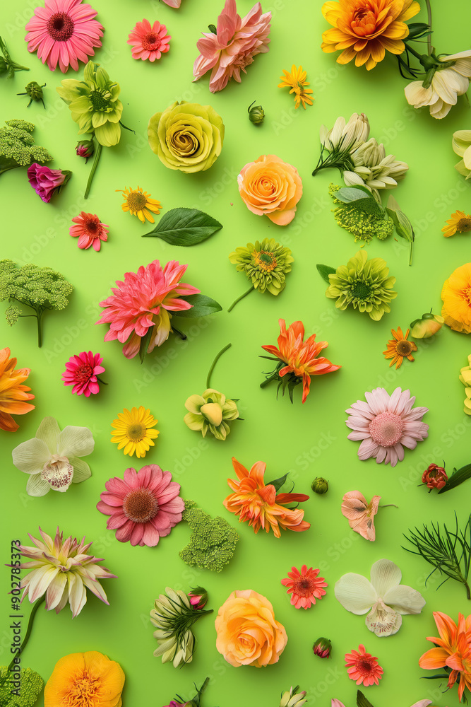 Fototapeta premium vibrant collection of mixed flowers arranged on bright green background