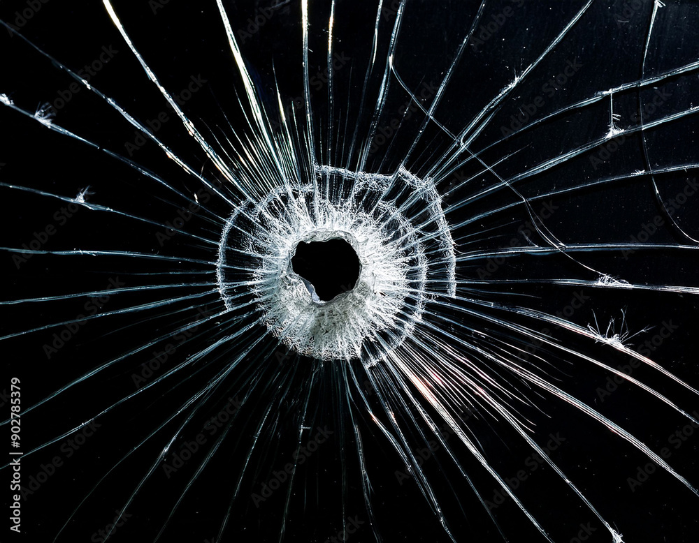 Obraz premium Close-up of the hole left by the bullet after passing through the glass. A bullet hole in the window