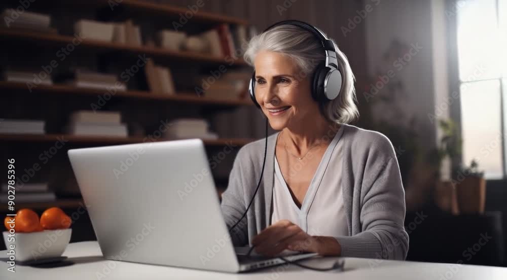 A woman in her 50s or 60s wearing a headset is working on a laptop A woman in her 50s or 60s wearing a headset is working on a laptop