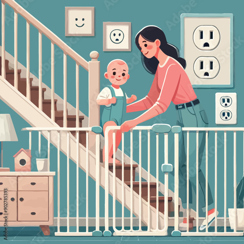 illustration of a parent securing a baby gate at the top of a staircase