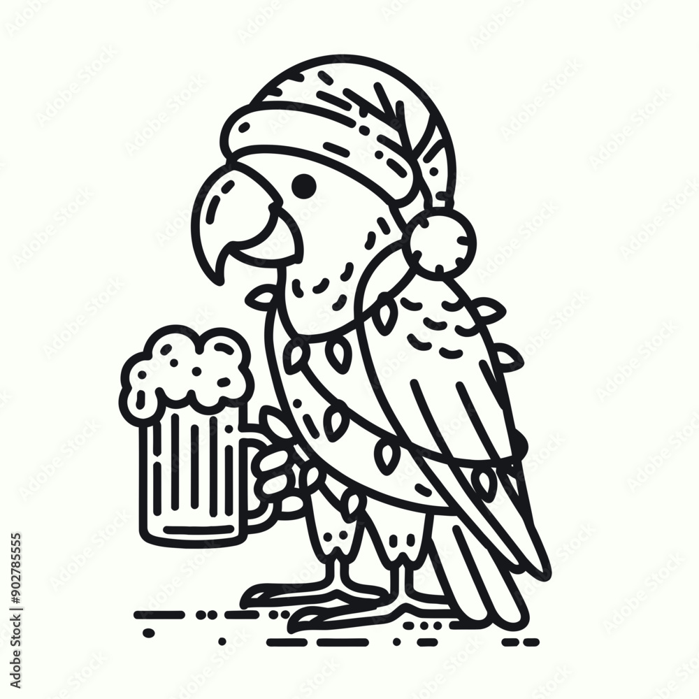Parrot wear santa claus hat tangled wrap around with Christmas lights holding a beer mug in christmas party Parrot wear santa claus hat tangled wrap around with Christmas lights holding a beer mug in christmas party