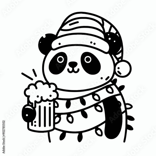  Panda wear santa claus hat tangled wrap around with Christmas lights holding a beer mug in christmas party   