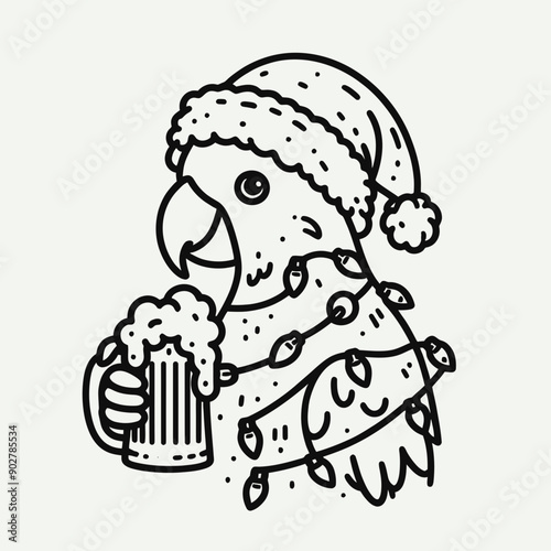  Parrot wear santa claus hat tangled wrap around with Christmas lights holding a beer mug in christmas party   