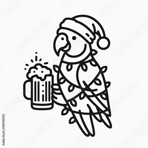  Parrot wear santa claus hat tangled wrap around with Christmas lights holding a beer mug in christmas party   