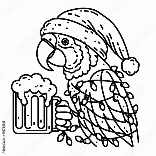  Parrot wear santa claus hat tangled wrap around with Christmas lights holding a beer mug in christmas party   