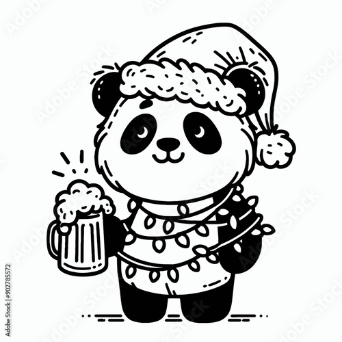  Panda wear santa claus hat tangled wrap around with Christmas lights holding a beer mug in christmas party   