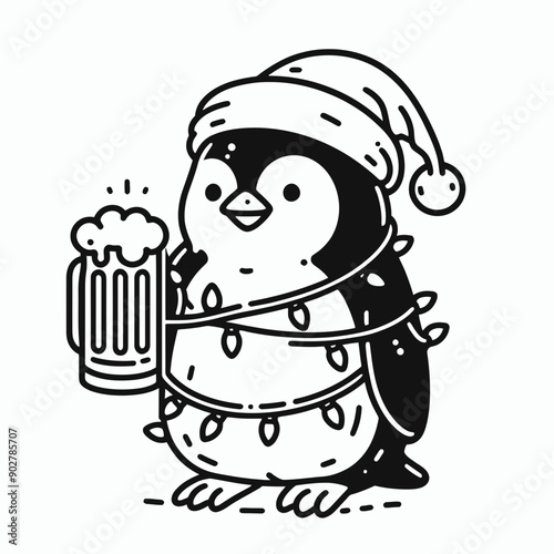  Penguin wear santa claus hat tangled wrap around with Christmas lights holding a beer mug in christmas party   