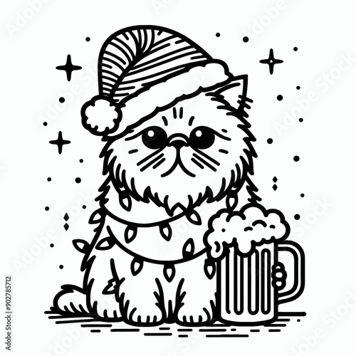  Persian Cat wear santa claus hat tangled wrap around with Christmas lights holding a beer mug in christmas party   