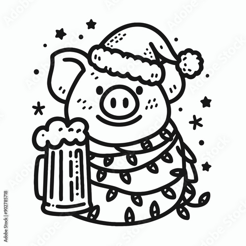  Pig wear santa claus hat tangled wrap around with Christmas lights holding a beer mug in christmas party   