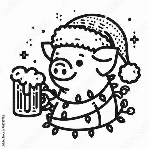  Pig wear santa claus hat tangled wrap around with Christmas lights holding a beer mug in christmas party   