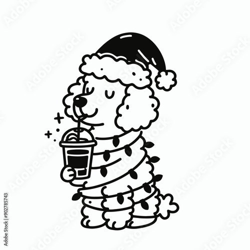  Poodle Dog wear santa claus hat tangled wrap around with Christmas lights holding a beer mug in christmas party   
