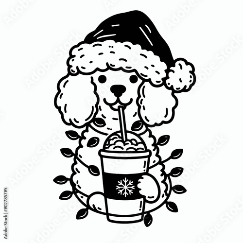  Poodle Dog wear santa claus hat tangled wrap around with Christmas lights holding a beer mug in christmas party   