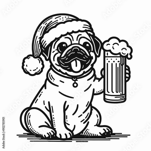  Pug Dog wear santa claus hat tangled wrap around with Christmas lights holding a beer mug in christmas party   