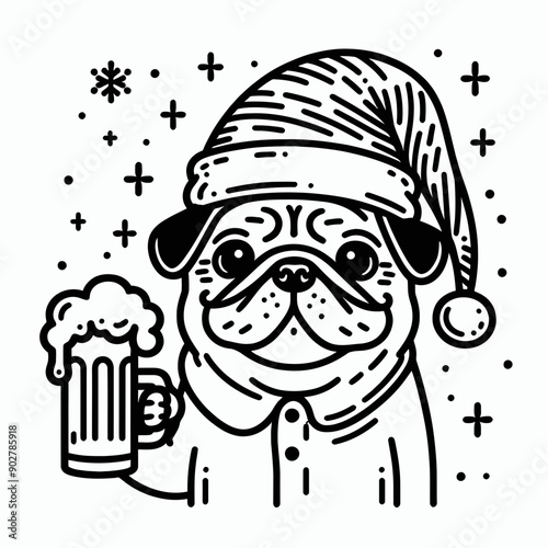  Pug Dog wear santa claus hat tangled wrap around with Christmas lights holding a beer mug in christmas party   