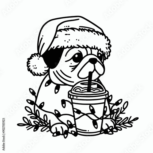  Pug Dog wear santa claus hat tangled wrap around with Christmas lights holding a beer mug in christmas party   