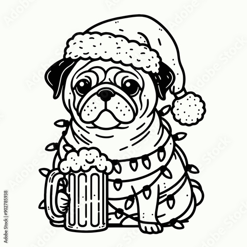  Pug Dog wear santa claus hat tangled wrap around with Christmas lights holding a beer mug in christmas party   