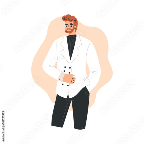 Redhead Man Groom Character in White Jacket Standing Vector Illustration