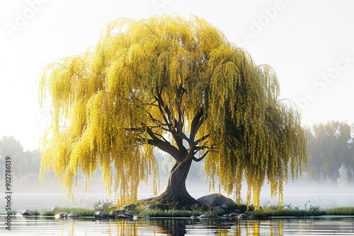 A large tree with yellow leaves is growing on a rock in a lake photo