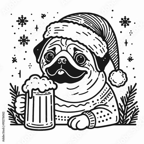 Pug Dog wear santa claus hat tangled wrap around with Christmas lights holding a beer mug in christmas party   