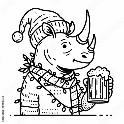  Rhino wear santa claus hat tangled wrap around with Christmas lights holding a beer mug in christmas party   