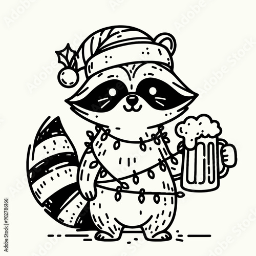  Raccoon wear santa claus hat tangled wrap around with Christmas lights holding a beer mug in christmas party   