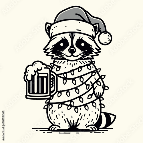  Raccoon wear santa claus hat tangled wrap around with Christmas lights holding a beer mug in christmas party   