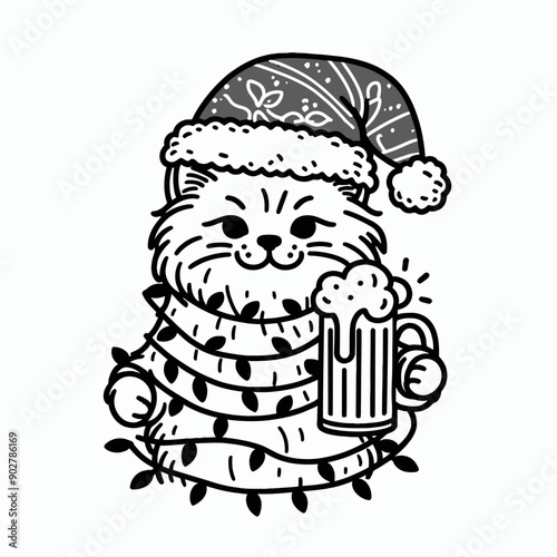  Ragdoll Cat wear santa claus hat tangled wrap around with Christmas lights holding a beer mug in christmas party   