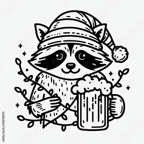  Raccoon wear santa claus hat tangled wrap around with Christmas lights holding a beer mug in christmas party   