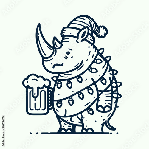  Rhino wear santa claus hat tangled wrap around with Christmas lights holding a beer mug in christmas party   