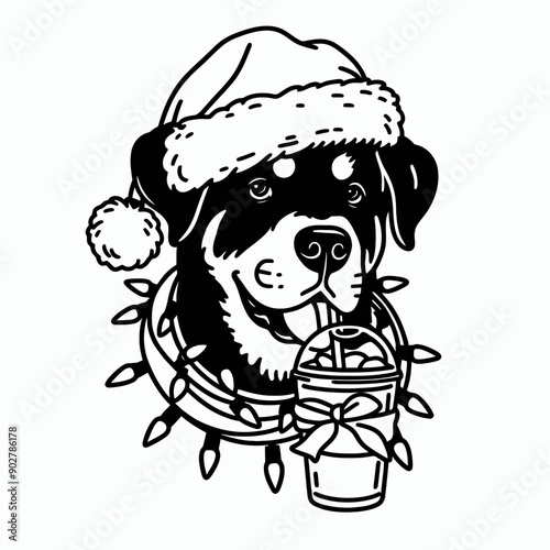  Rottweiler Dog wear santa claus hat tangled wrap around with Christmas lights holding a beer mug in christmas party   