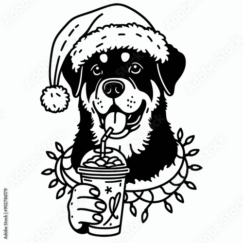  Rottweiler Dog wear santa claus hat tangled wrap around with Christmas lights holding a beer mug in christmas party   