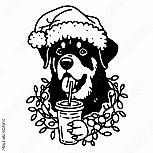  Rottweiler Dog wear santa claus hat tangled wrap around with Christmas lights holding a beer mug in christmas party   