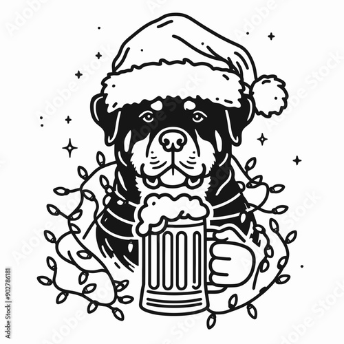 Rottweiler Dog wear santa claus hat tangled wrap around with Christmas lights holding a beer mug in christmas party   