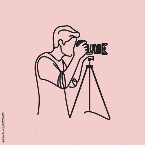 Black-and-white vector illustration of a photographer taking a photo with a camera on a tripod.