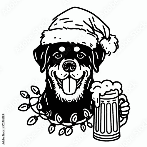  Rottweiler Dog wear santa claus hat tangled wrap around with Christmas lights holding a beer mug in christmas party   