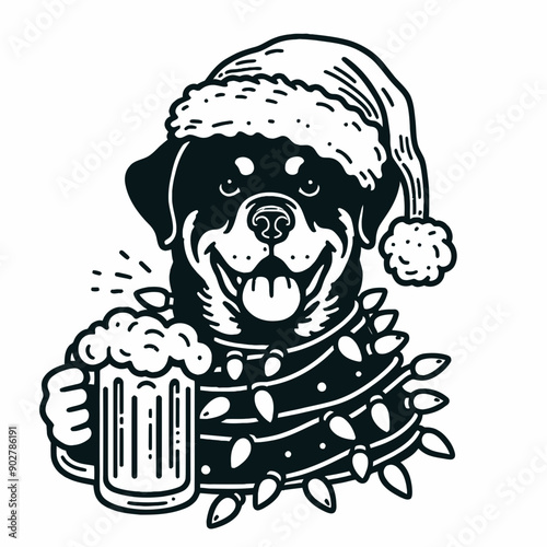  Rottweiler Dog wear santa claus hat tangled wrap around with Christmas lights holding a beer mug in christmas party   