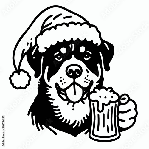  Rottweiler Dog wear santa claus hat tangled wrap around with Christmas lights holding a beer mug in christmas party   