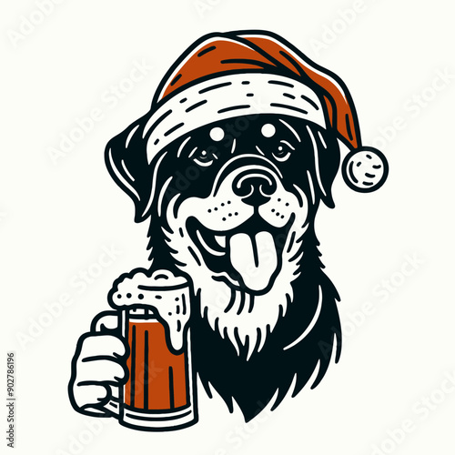 Rottweiler Dog wear santa claus hat tangled wrap around with Christmas lights holding a beer mug in christmas party   